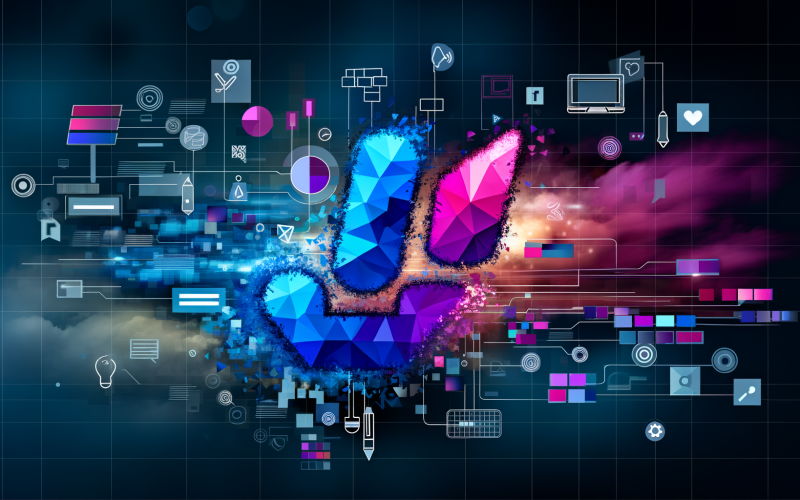 Modernes Titelbild mit abstrakter, bunter Markenikone im Zentrum, umgeben von grafischen Elementen wie Sprechblasen, Tastaturen, Interfaces, Farbfächern und Netzwerkknoten.