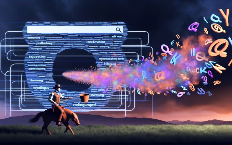 Cowboy-Marketer fängt mit dem Lasso bunte Keywords vor einem schwebenden Google Ads Dashboard in einer wildwest-inspirierten digitalen Landschaft ein.