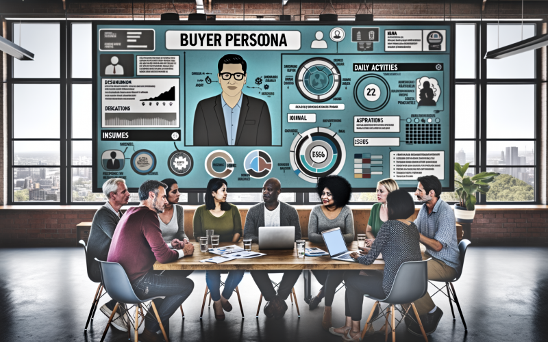 Marketing-Team bespricht ein digitales Buyer Persona Profil mit Daten und Infografiken in einem modernen, technologiegetriebenen Büro.