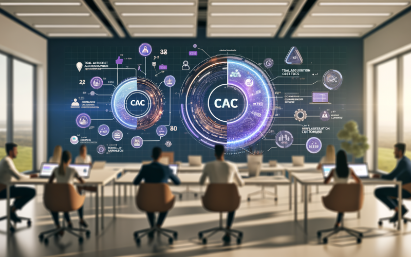 Modernes Online-Marketing-Team analysiert zentrale Kennzahlen CAC und CLV an digitalen Dashboards mit Hologramm-Interface in einem offenen Büro.