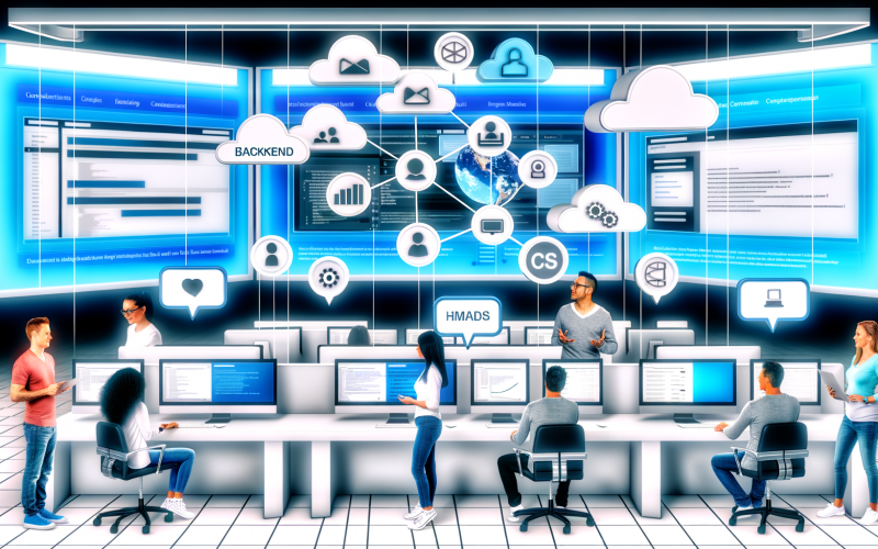 Moderner digitaler Kontrollraum mit Team, das an Bildschirmen Inhalte verwaltet, zentralem Dashboard für Backend, Frontend und Datenbank, und schwebenden CMS-Icons inklusive Headless CMS APIs zu Smartphones, Tablets, Laptops und Smartwatches.