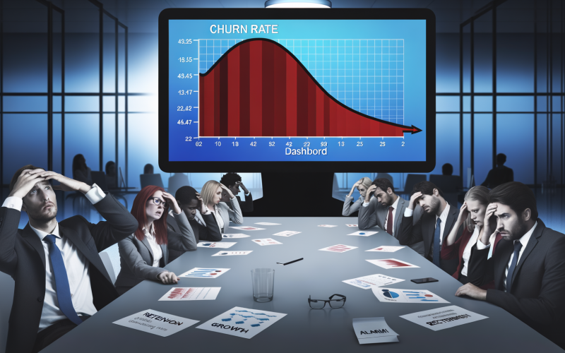 Dashboard-Monitor mit fallender roter Churn Rate-Kurve, umgeben von alarmierten und frustrierten Büromitarbeitern in kühler Farbpalette.