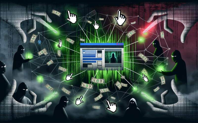 Düsteres Cybercrime-Artwork mit Bildschirm, von Klick-Symbolen und Bot-Händen umgeben, Maskierten im Hintergrund, flackernden IP-Adressen und rauchenden Geldscheinen.