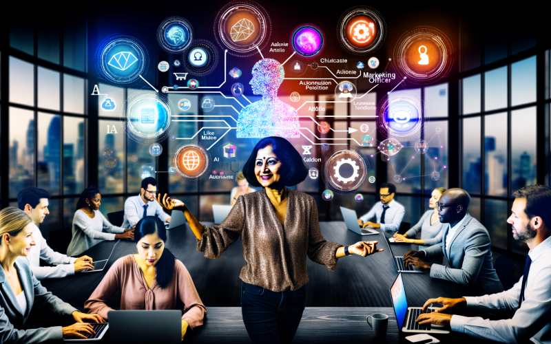 Chief Marketing Officer dirigiert ein diverses Team im modernen Büro mit digitalen Marketing-Tools, Daten- und Kreativgrafiken im Hintergrund.