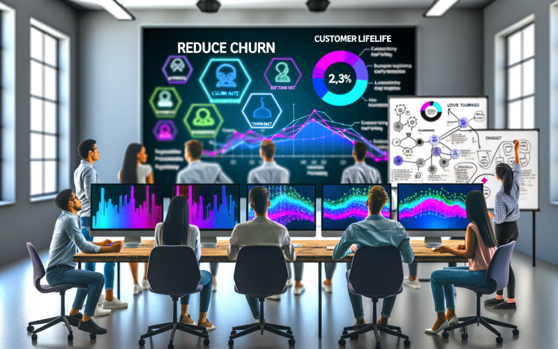 Junges Data-Analytics-Team in einem modernen Büro diskutiert vor Monitoren mit Diagrammen zu Churn Rate, Retention Rate und Customer Lifetime Value; Whiteboard mit Skizzen im Hintergrund.