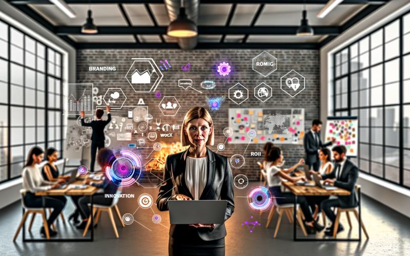 Moderne CMO in Businesskleidung vor offenen Laptops und Bildschirmen mit Marketing-Analysen, umgeben von kreativen Teams in einem inspirierenden Loft-Büro