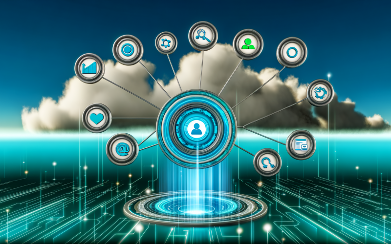 Moderne 3D-Illustration eines zentralen CRM-Dashboards, verknüpft mit Vertrieb, Marketing, Support und Social Media, umgeben von Datenströmen, Diagrammen, Kontaktkarten und Cloud-Elementen in futuristischem Blau und Türkis.