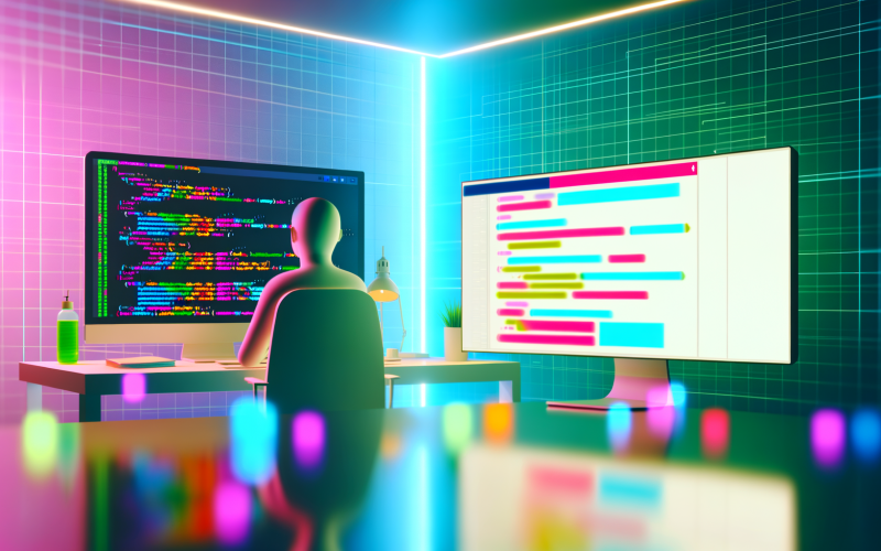 Futuristischer Arbeitsplatz eines Webentwicklers mit mehreren Monitoren, CSS-Code und minimalistischem Webdesign bei Neonlicht