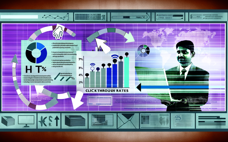 Stilisierte Illustration einer digitalen Marketingexpertin, die CTR-Daten auf großem Bildschirm auswertet, umgeben von Icons zu Werbung, Suchergebnissen und Newslettern in leuchtenden Farben.