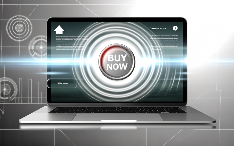 Moderner Laptop-Bildschirm mit farbigem Call-to-Action-Button, dezentem 404-Magazine-Logo und stilisierten Diagramm-Elementen auf der Landingpage.