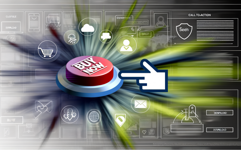 Stilisierter Finger tippt auf auffälligen Jetzt kaufen-Button, flankiert von digitalen CTAsymbolen und verschwommenen Webseiten-Layouts im Hintergrund