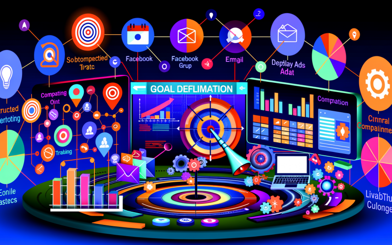Illustration eines vernetzten digitalen Marketing-Dashboards mit Kanälen wie Google, Facebook, LinkedIn, E-Mail, Diagrammen und Symbolen für Kampagnen-Elemente im modernen Flat-Design.