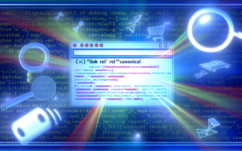 Leuchtender Computermonitor mit hervorgehobenem Canonical-Tag im HTML-Code, im Hintergrund verblassen doppelte Webseiten, darüber Symbole für Suchmaschinen und Crawler, modernes Webdesign