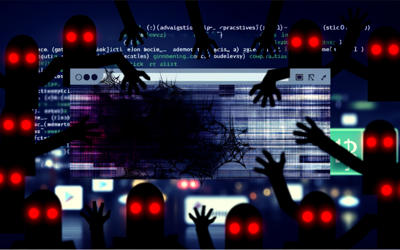Digitale Gemälde-Illustration mit einem Werbebanner auf einem Monitor, umgeben von dunklen, schattenhaften Händen und Bots mit roten Augen, dazwischen IP-Adressen, Code und Geldsymbole. Im Hintergrund eine verschwommene Großstadt bei Nacht.
