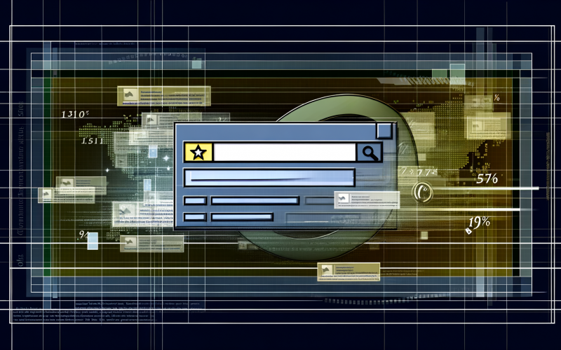 Digitale Illustration eines modernen Computerbildschirms mit farbig hervorgehobenem Google-Suchergebnis, Sternebewertungen, Diagrammen zur Klickrate und digitalen Marketing-Symbolen im Hintergrund.