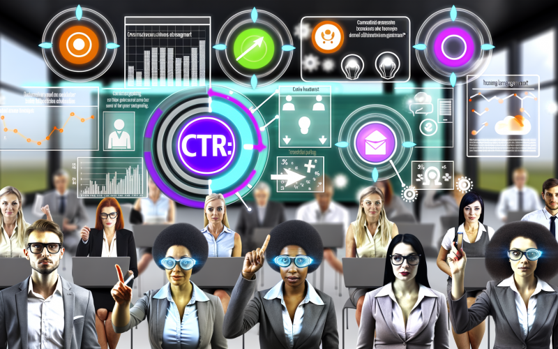 Modernes digitales Dashboard mit CTR-Anzeige und Geschäftspersonen, die mit Computern und Smartphones auf Werbebanner reagieren.