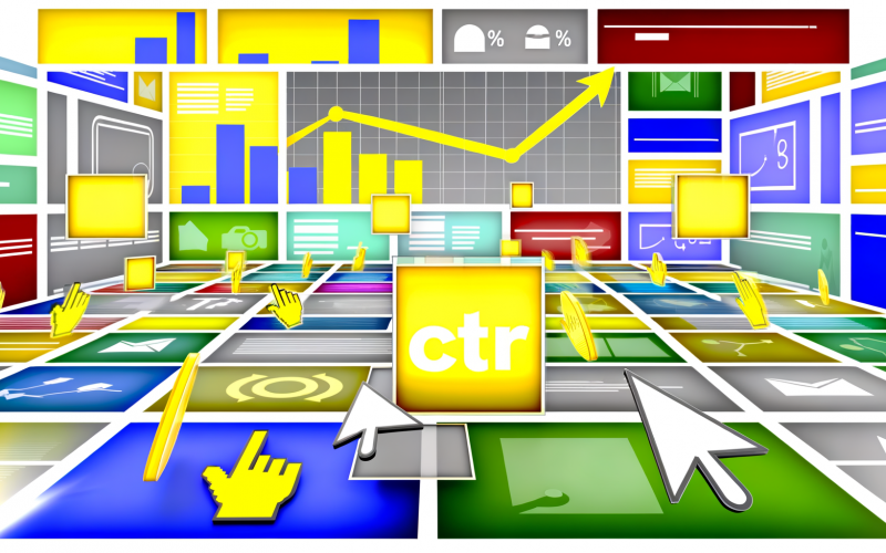 Modernes, abstrahiertes Online-Marketing Dashboard mit bunten Kacheln für verschiedene Kanäle, Prozentzahlen zur CTR, Klickhand-Icons und wachstumsstarken Analytics-Graphen.
