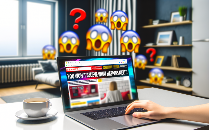 Aufgeräumter Schreibtisch mit Laptop, Laptopbildschirm zeigt bunte Clickbait-Überschriften und Thumbnails, davor sitzt eine neugierige Person, grafische Staunen-, Schock- und Fragezeichen-Emojis ergänzen das Bild.