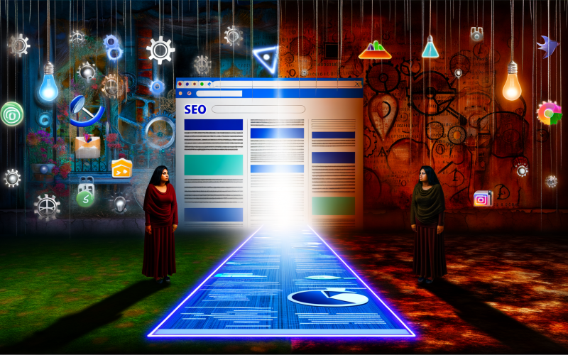 Geteilte Webseite mit optimiertem Bereich für Googlebot links und spambeladener Seite für menschlichen Nutzer rechts, umgeben von technischen Elementen und Symbolen für Cloaking