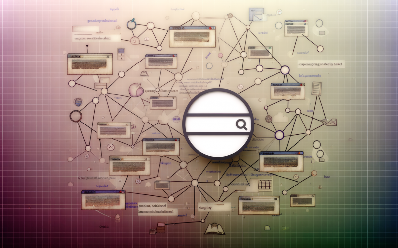 Illustration mit zentraler Suchmaschinen-Suchleiste, abstrakten Linien, Knotenpunkten als Webseiten-Snippets und dezentem, modernem Farbschema.