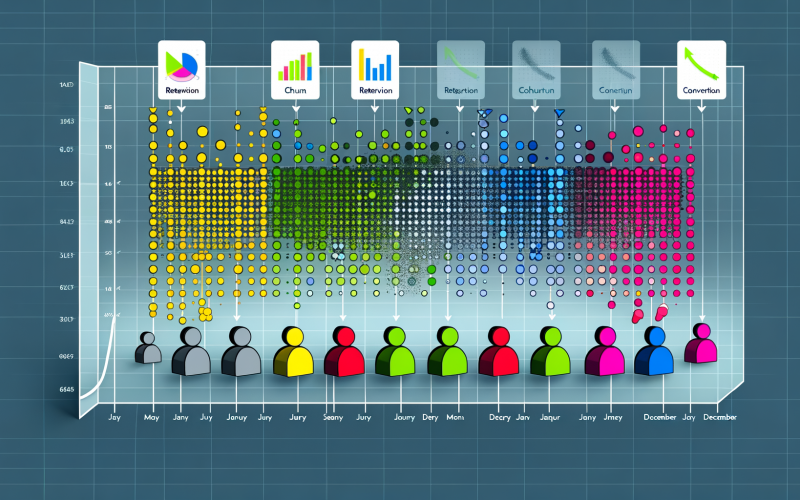 Stilisierte Darstellung mit farbigen Nutzern, die in Monats-Kohorten gruppiert und durch Pfeile für Retention, Churn und Conversion verbunden sind, untermalt von digitalen Analytics-Elementen wie Heatmaps und Diagrammen.