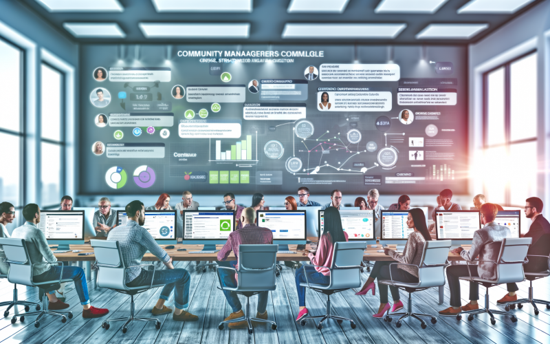 Community Manager in modernem Büro überwachen diverse Social-Media-Kanäle, analysieren Daten und diskutieren Strategien vor Bildschirmen und einer beschrifteten Glasscheibe.