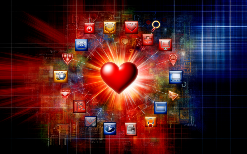 Bunte digitale Collage mit einem leuchtenden roten Herz im Zentrum, umgeben von Icons für verschiedene Content-Formate, mit abstrakten Motiven zu SEO, Branding und Webanalysen.