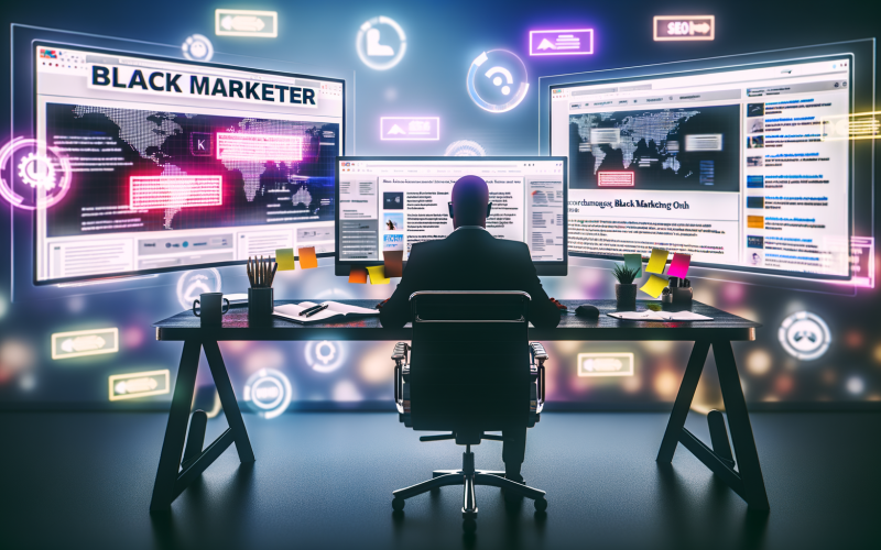 Digitaler Arbeitsplatz eines Marketers mit Monitoren, Newsfeeds, Diagrammen, Anmerkungen und schwebenden SEO-Icons in einem modernen Büro.