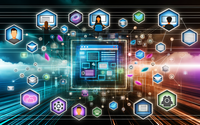 Abstrakte Darstellung eines digitalen Schaltzentrums mit mehreren Menschen, Dashboard, Code, Checkliste und Datenströmen zu verschiedenen digitalen Kanälen.