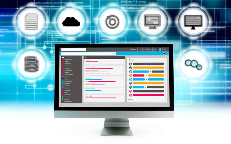 Modernes, professionelles CMS Dashboard-Interface mit Modulen zur Inhaltsbearbeitung, Mediathek, Seitenstruktur, Benutzerrollen und SEO-Feldern sowie Logos bekannter Content Management Systeme.