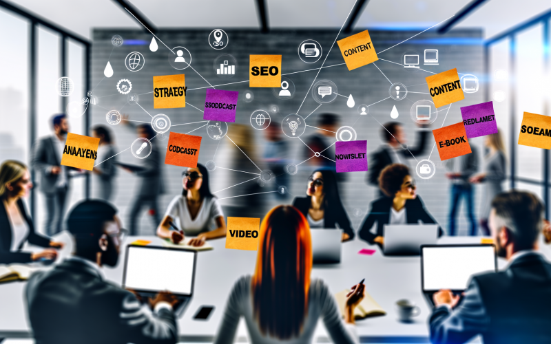 Kreatives, diverses Team arbeitet gemeinsam in einem modernen Büro mit Post-its zu Strategie, SEO, Content, Analyse und Reichweite; grafische Symbole von Social Media, Podcast, Video, Newsletter und E-Book sind im Hintergrund vernetzt sichtbar.
