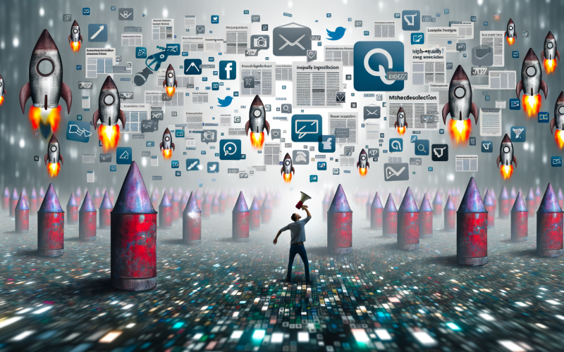 Düsterer digitaler Raum voller Inhalte, Social-Media-Symbole und Anzeigen, mit einer Person, die mit Megafon um Aufmerksamkeit ringt, während andere Content erfolgreich promoten.