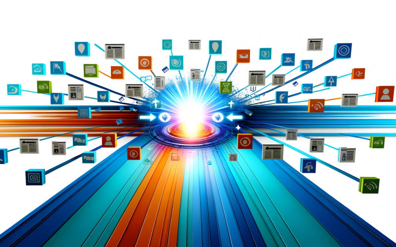 Abstrakte Darstellung digitaler Kanäle mit Content-Strömen, Icons und Symbolen, die sich zentral von einem leuchtenden Kern ausgehend auf verschiedene Plattformen wie Websites, Social Media und Devices verteilen; modernes, buntes Titelbild mit viel Weißraum
