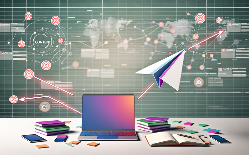 Illustration eines Schreibtischs mit offenen Mediengeräten, Content-Papierflieger, digitalen Pfeilen zu Online-Medien-Logos und Influencer-Avataren vor Statistik-Wänden.