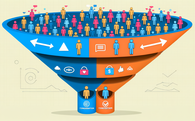 Stilisierte Grafik eines Conversion Funnels als farbiger, dreistufiger Trichter: Website-Besucher werden durch die Phasen Awareness, Consideration und Conversion zu glücklichen Kunden, mit digitalen Elementen im Hintergrund.