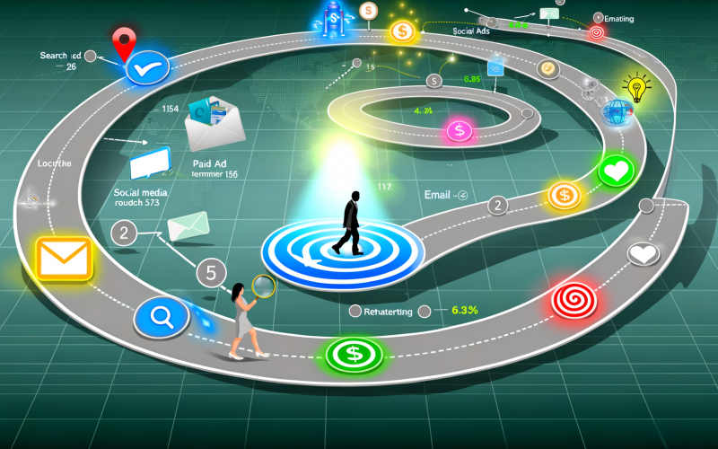 Modernes, digitales Schaubild eines Marketing-Funnels mit bunten Icons für Kanäle wie Suchmaschinen, bezahlte Anzeigen, Social Media, E-Mail und Retargeting; Nutzer bewegen sich entlang des Pfads zu einer Conversion.