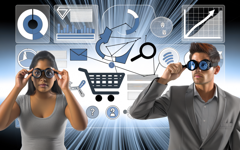 Moderner, abstrahierter Entwurf eines digitalen Marketing-Dashboards mit Diagrammen, Conversion-Symbolen sowie zwei Personen mit Datenbrille und Lupe, die analytisch auf Zahlen blicken. Im Hintergrund digitale Datenströme.