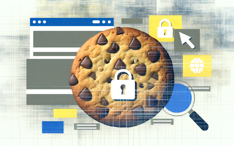 Großer digitaler Cookie mit eingebackenen Datenschutz-Icons, Webseiten-Fenstern und Browser-Symbolen, umgeben von Datenbits und Warnhinweisen, auf modernem Hintergrund mit Codezeilen.