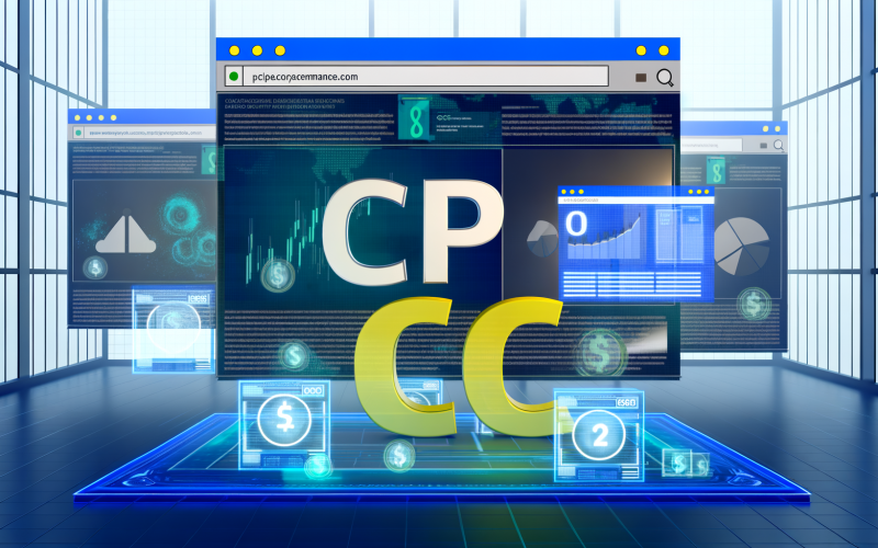 Stilisierte Illustration einer modernen digitalen Marketing-Landschaft mit Browserfenstern voller Anzeigenformate, zentralem CPC-Schriftzug, Ad-Buttons, Dollarzeichen und Auswertungsdiagrammen, sowie Anspielungen auf Google Ads, Facebook und LinkedIn