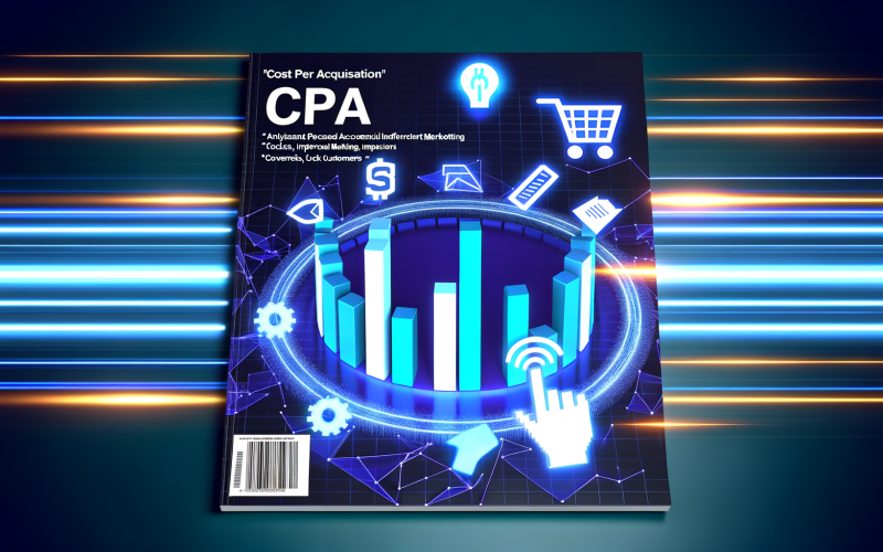 Titelbild mit KPI-Diagramm, das effiziente und ineffiziente Marketingmaßnahmen im Bereich Cost per Acquisition veranschaulicht, umgeben von Symbolen wie Einkaufskorb, Lead-Formular, Klickfinger und Geldschein vor digitalem, blauen Cyber-Hintergrund.