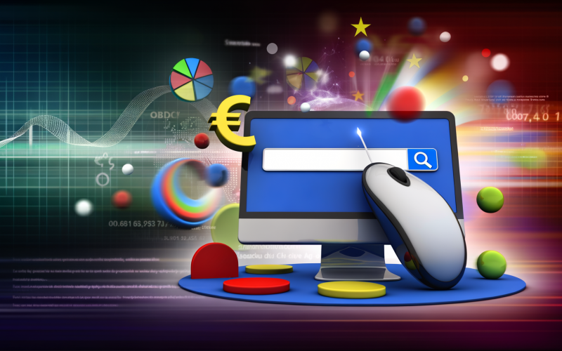 Digitale Illustration eines Marktplatzes mit Computerbildschirm, Suchanzeige, Werbebannern, Eurozeichen und Datencharts in kräftigen Farben.