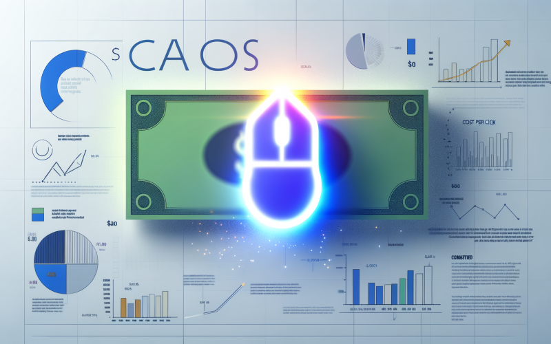 Modernes Magazin-Titelbild mit leuchtendem Computer-Mauszeiger über digitalem Geldschein und Analysediagrammen im Hintergrund, kräftige Farben und klare Linien visualisieren das Cost-per-Click-Thema.