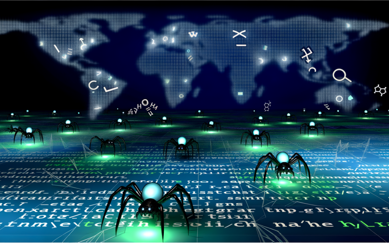 Stilisierte, futuristische Szene mit spinnenähnlichen Crawler-Robotern, die leuchtende Datenstränge auf einer digitalen Weltkarte durchsuchen und gläserne Container mit extrahierten Informationen füllen.
