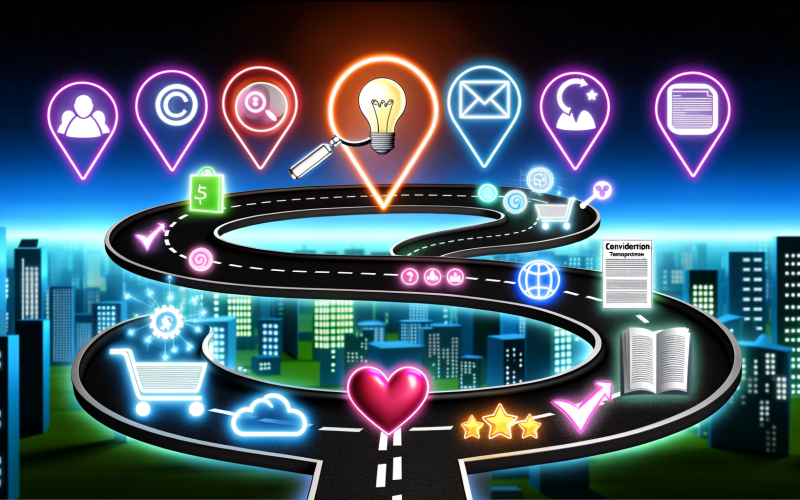 Moderne Illustration einer Customer Journey: verschlungene Straße durch eine digitale Stadt mit Symbolen für Awareness, Consideration, Conversion, Retention und Advocacy sowie zahlreichen digitalen Touchpoints.