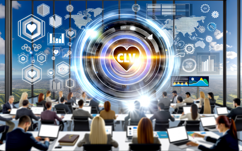 Marketer und Data-Analysten arbeiten im lichtdurchfluteten Büro an einem digitalen Dashboard mit leuchtendem CLV-Symbol, umgeben von Diagrammen und Geschäftsdaten.
