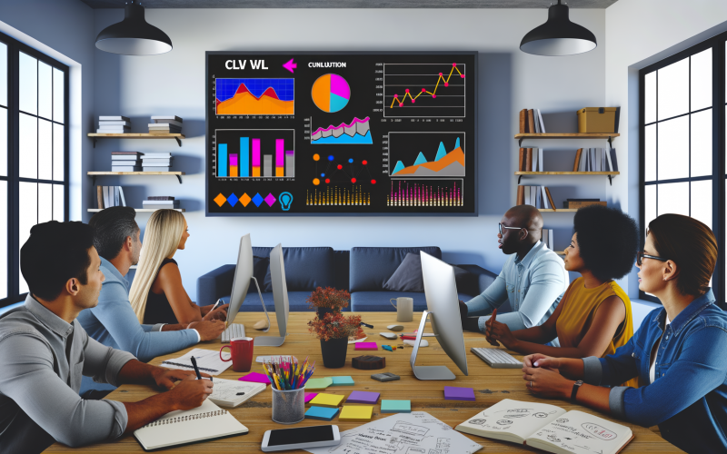 Mehrere Marketer verschiedener Herkunft analysieren an einem modernen Arbeitsplatz bunte Kundendaten auf einem großen digitalen Dashboard und diskutieren CLV-Berechnungen mit Notizen und Skizzen.