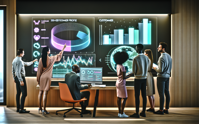 Moderne Büro-Szene mit multikulturellem Team, das ein digitales Dashboard mit Charts und einer 360-Grad-Kundenübersicht analysiert