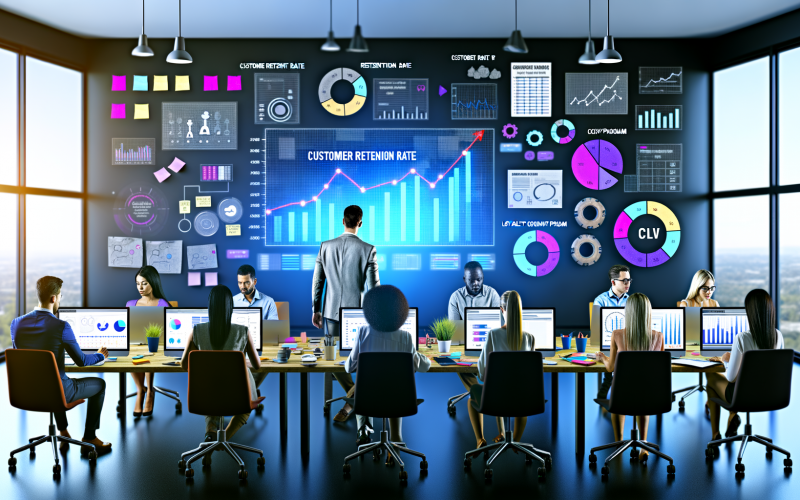 Moderne Büroräume mit diversen Marketingteams, die an großen Dashboards Kundendaten prüfen und zentrale Kennzahlen zur Kundenbindung visualisieren.