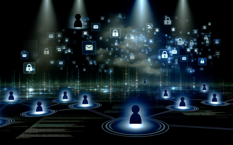 Digitale Landschaft mit dunklen Schatten, beleuchteten privaten Chats, E-Mail- und Gruppensymbolen sowie verschwommenen Analysedashboards und öffentlichen Social-Media-Icons.