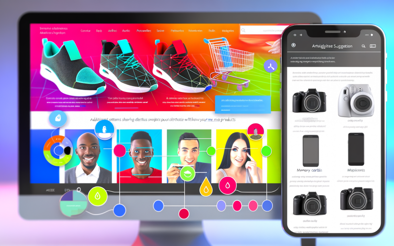 E-Commerce-Website auf Desktop und Smartphone mit Einkaufswagen-Seite, Produktempfehlungen und glücklichen Nutzern vor moderner, nutzerfreundlicher Oberfläche.